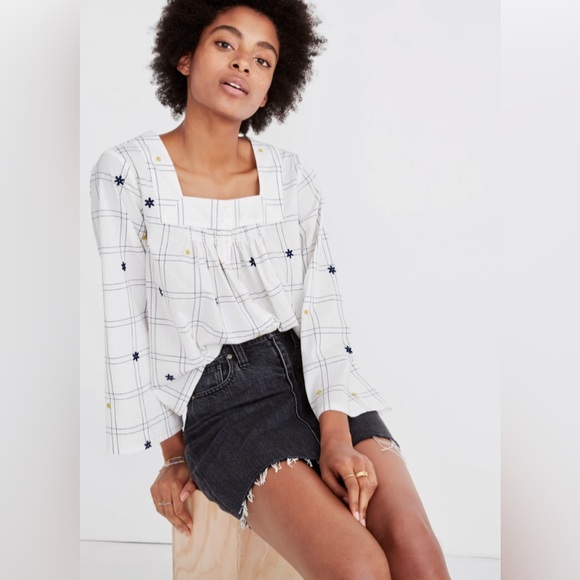 💥Madewell Embroidered Windowpane Square-Neck Button-Down Top💥 - Picture 2 of 15